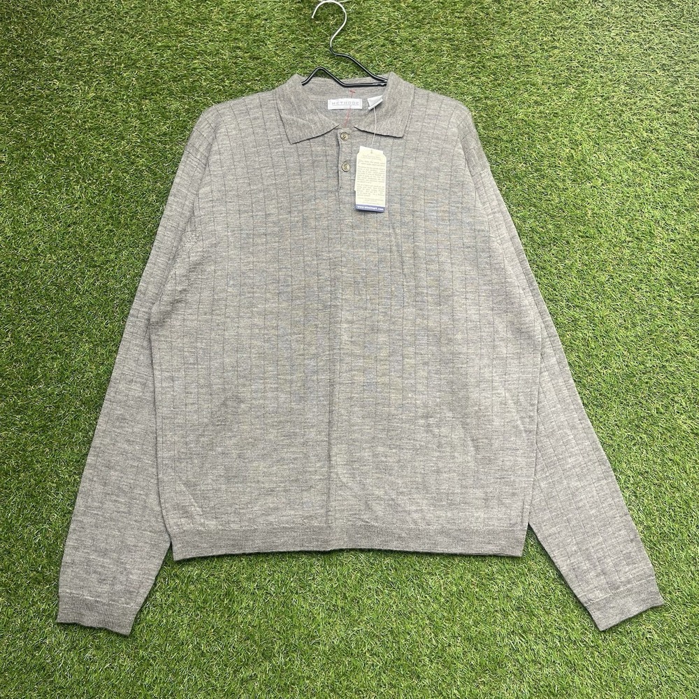 Vintage Merino Wool Sweater Mens XL Grey Lightweight Henley Collared NWT